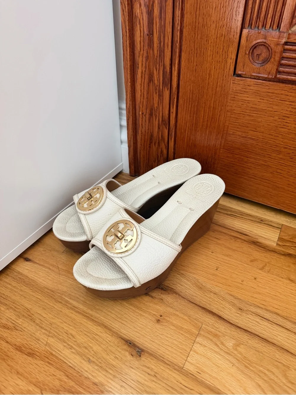 Tory Burch Cream Slide Mules with Gold Logo Medallion